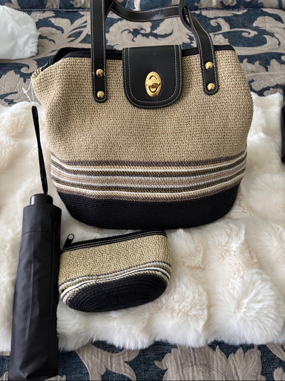 Straw-Weave Tote Bag with Black Trim and Matching Pouch